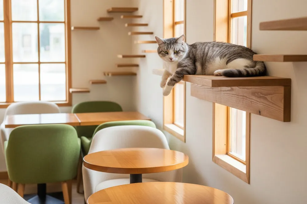 Chat couché sur une étagère murale en hauteur dans un café, au-dessus des tables : la zone de repli indispensable pour ouvrir un bar à chat.