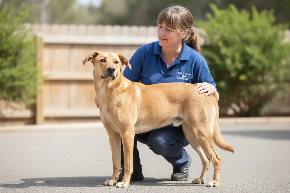 Bénévole et chien dans l'espace extérieur d'un refuge pour animaux.
