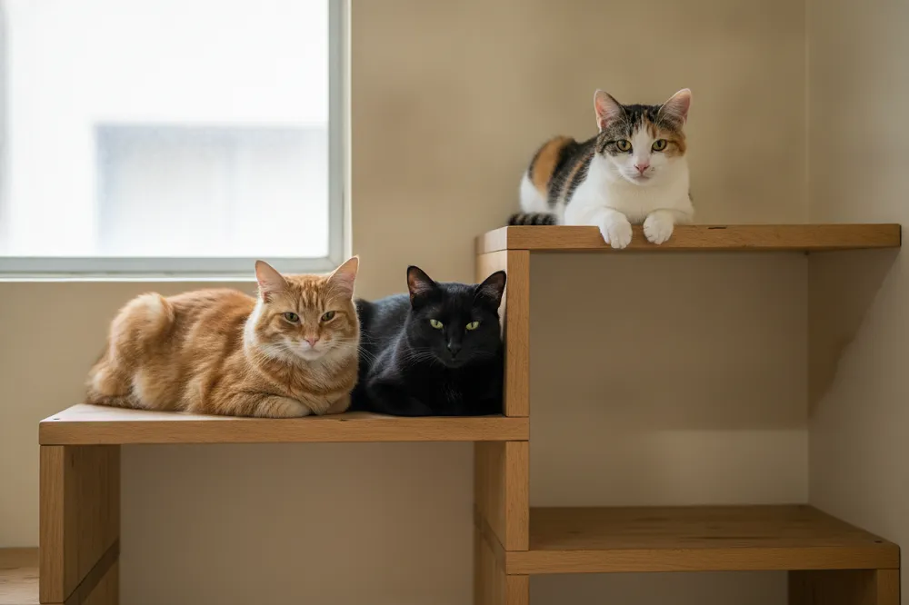 Chats dans un espace collectif aménagé d'un refuge.