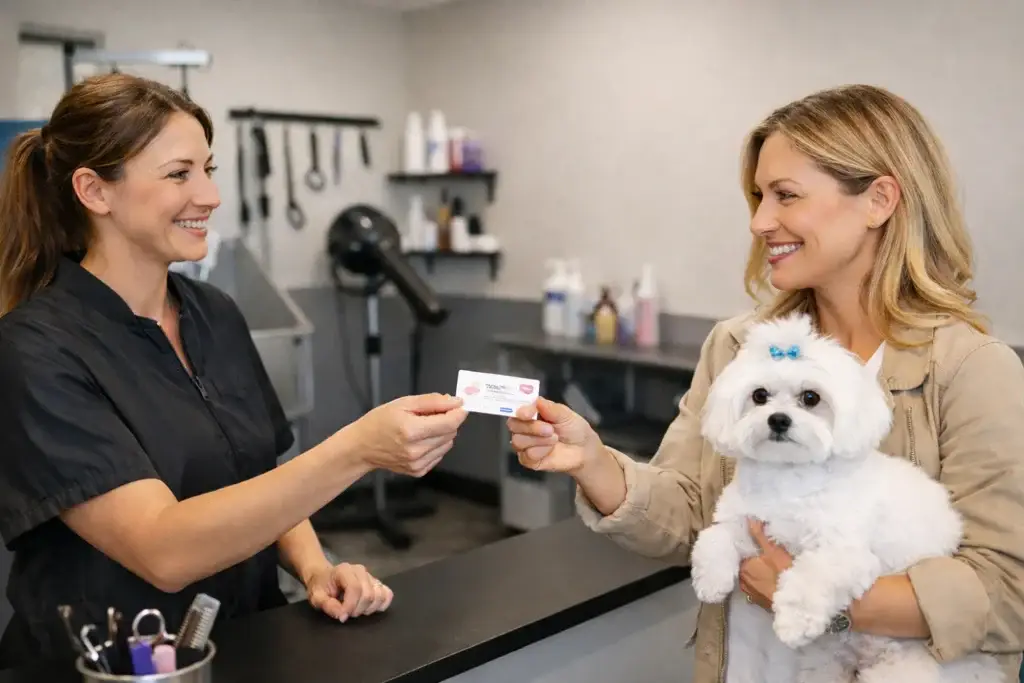 Néon bleu : combien par litre et dans quelle eau ? 2 toiletteuse canin qui donne une carte de visite à une cliente