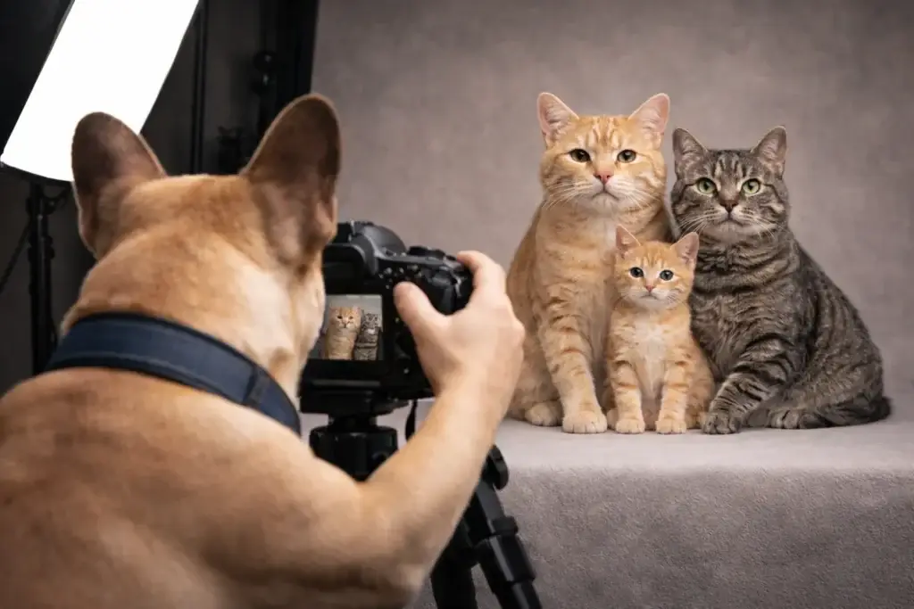 chien photographe en train de faire une photo de famille de chats