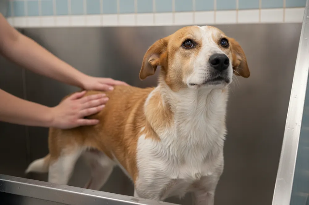 Chien dans la baignoire d'une station de lavage en libre-service.