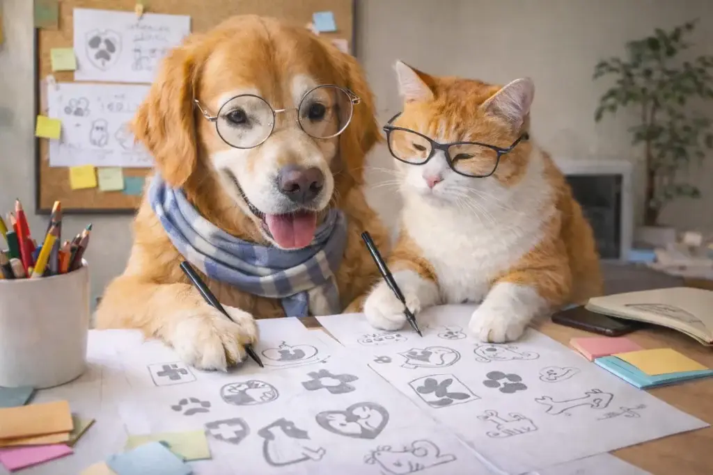 Un chat et un chien en train de dessiner des logos