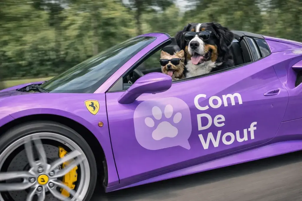 deux chiens dans une Ferrari avec logo Com de Wouf