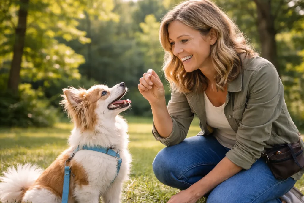 Une éducatrice canin avec un petit chien en séance d'éducation