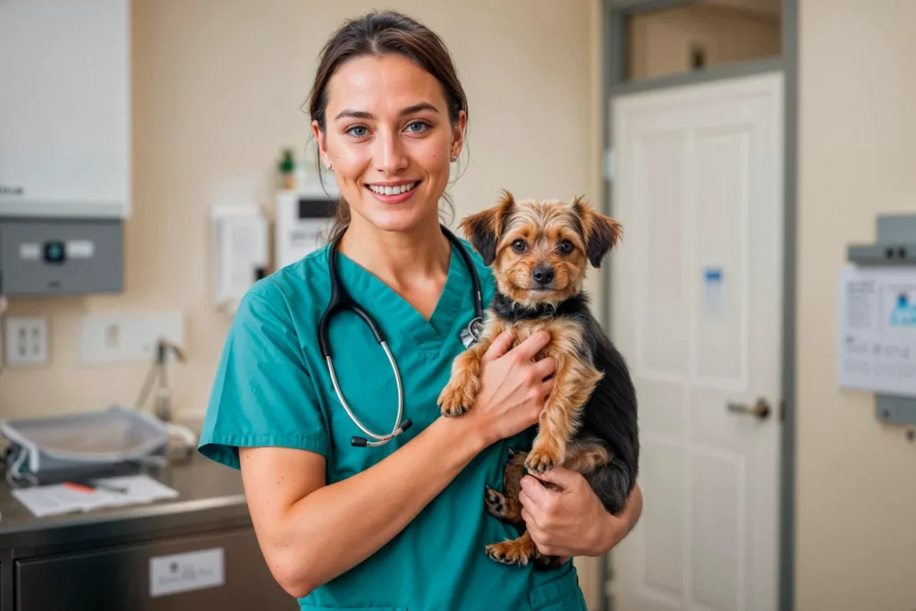 Flyer pet sitter : créer un support efficace pour attirer plus de clients 1 assistante vétérinaire portant un petit chien dans les bras