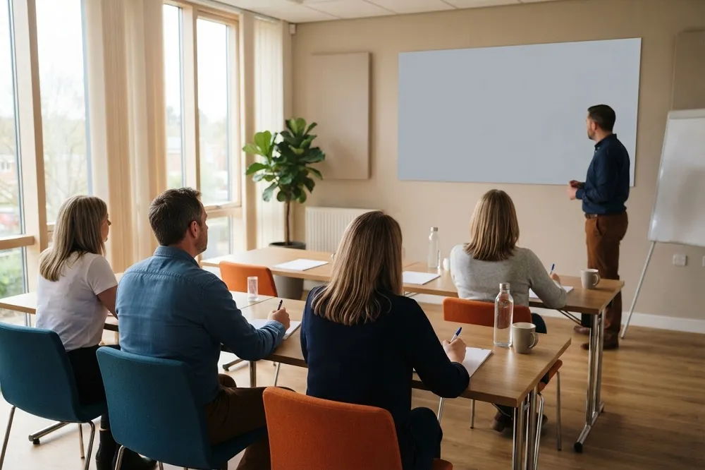 Session de formation ACACED en petit groupe, un formateur devant une salle de stagiaires.
