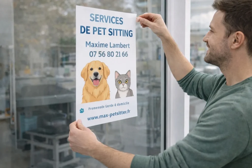 Un pet sitter en train de coller une affiche pet sitting sur une vitrine d'un toiletteur