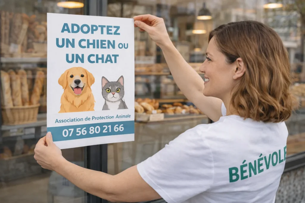 bénévole en train de poser une affiche pour la protection des animaux sur la vitrine d'un commerce