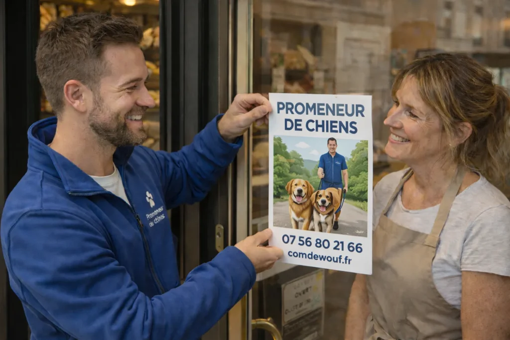 un professionnel du service canin accroche une affiche promeneur de chien sur la devanture d'un commerce