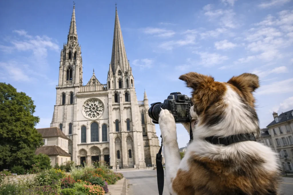 chien prenant en photo la cathédrale de Chartres