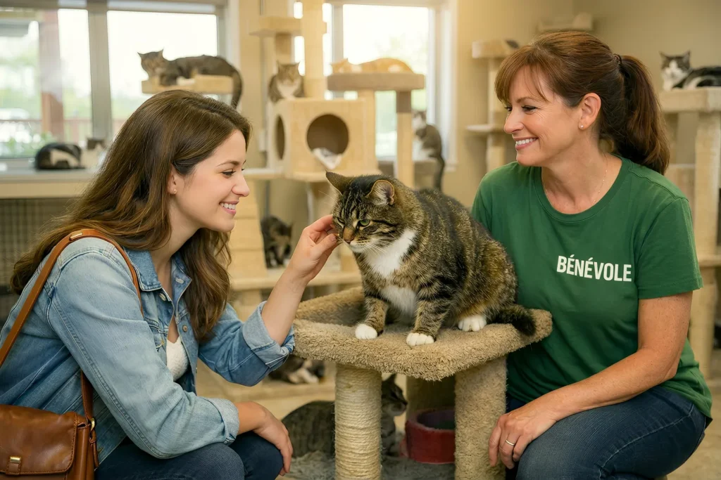 jeune femme avec certificat venant adopter un chat avec son certificat d'engagement et de connaissance pour l'acquisition d'un chat