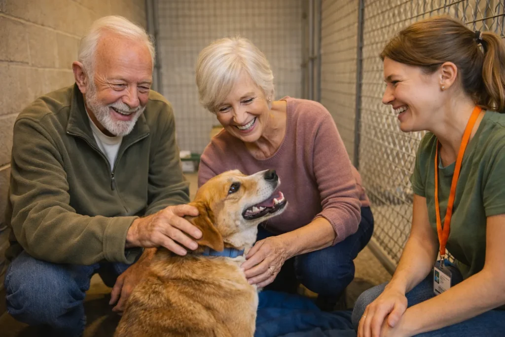 Un couple de séniors ayant passé le certificat d'engagement et de connaissance chien dans un refuge pour adopter un animal