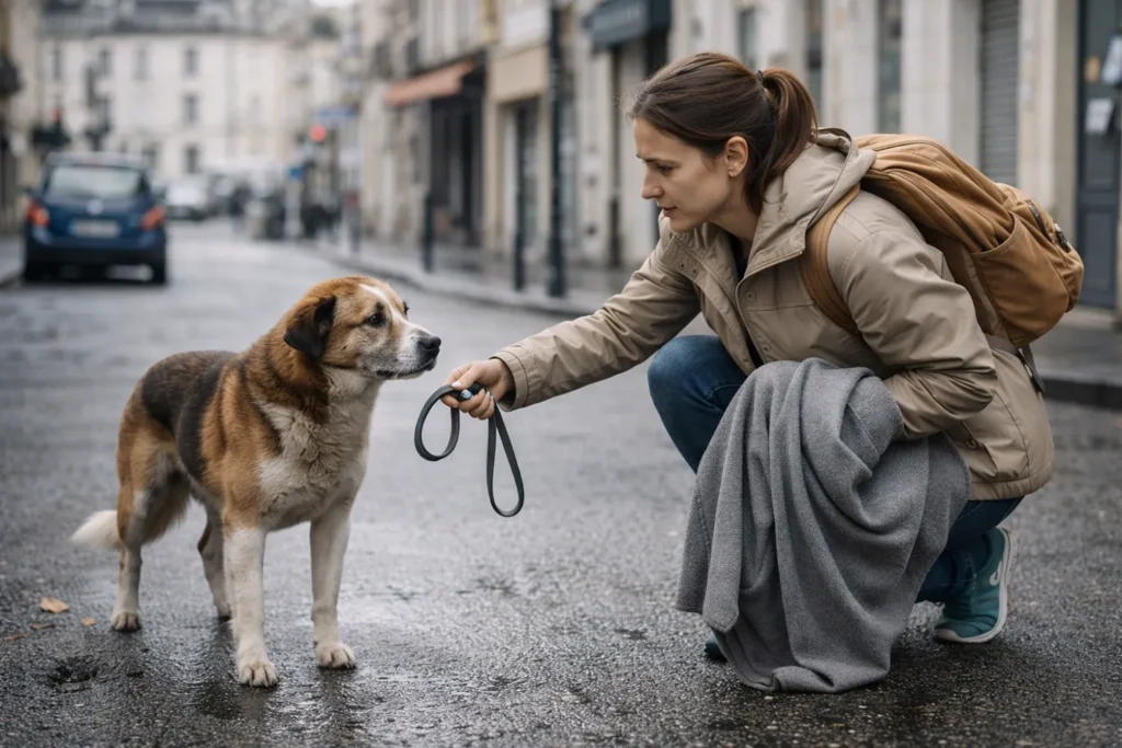 Grossesse nerveuse chez la chienne : symptômes, durée et solutions 2 femme portant assistance à un chien errant en ville