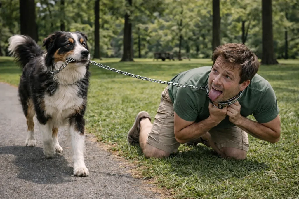 Un chien promenant un humain avec un collier chien électrique