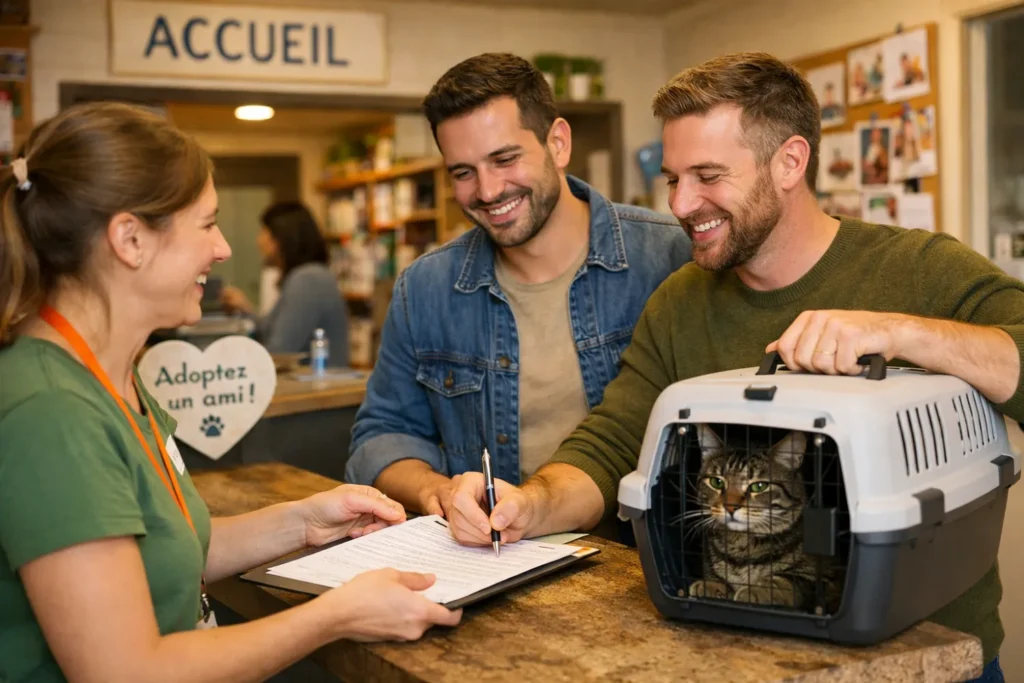Un couple d'hommes en train de signer le contrat d'adoption de leur chat dans une association refuge pour animaux