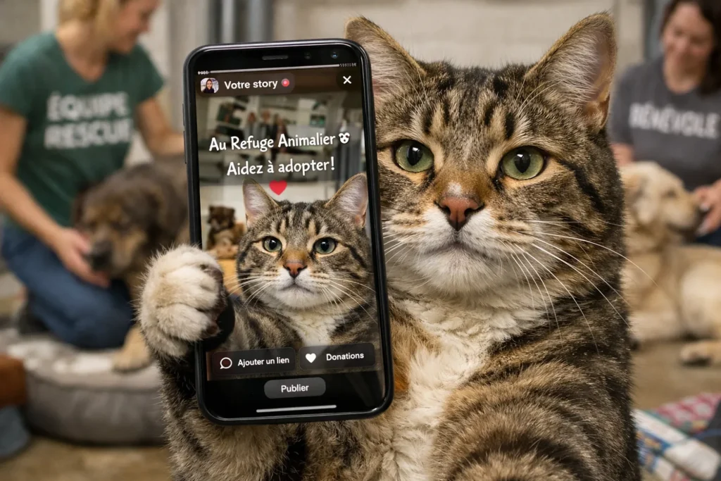 Créer un compte Instagram pour une association : chat en train de faire une story dans un refuge