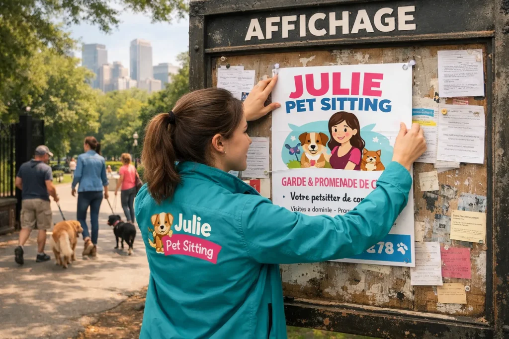 Une jeune femme en train de poser une affiche dog sitter sur un panneau d'affichage municipal