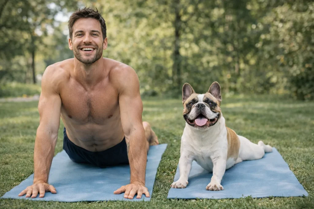 Un humain et son chien pratiquant du doga (yoga avec chien)