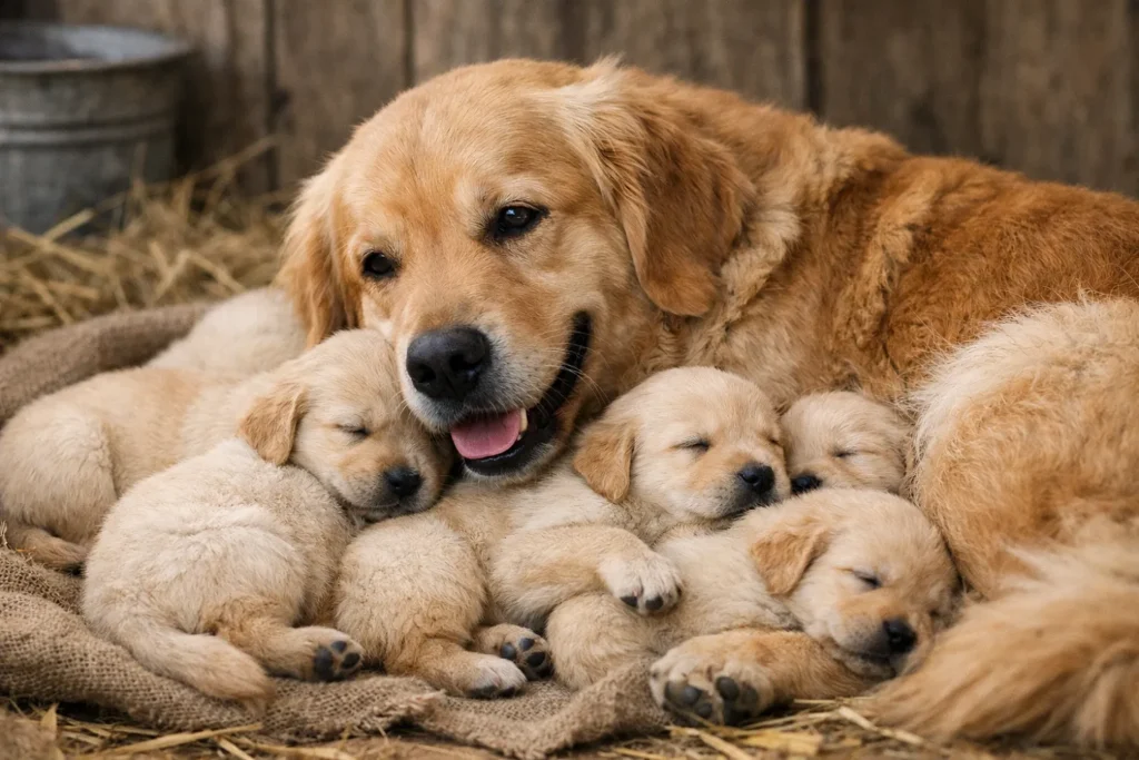 mise bas chien : une chienne avec sa portée de chiots