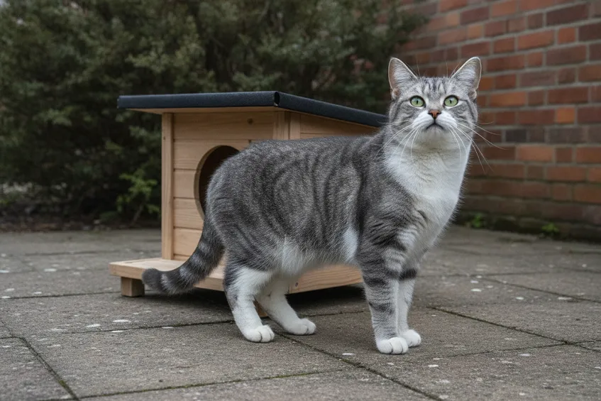 Chat au pelage gris et blanc debout à côté d'une niche pour chat extérieur en bois à toit incliné, sur une terrasse
