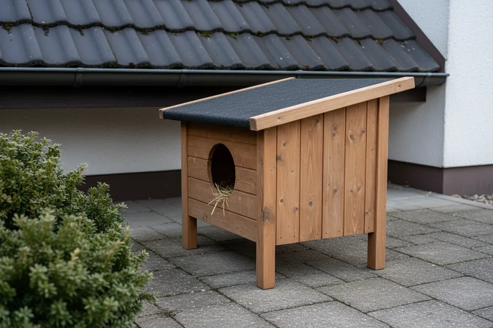 Niche pour chat extérieur en bois posée sur quatre pieds sous un débord de toit, entrée dégagée
