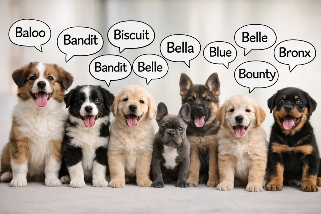 groupe de chiots avec plusieurs nom de chiens commençant par B au-dessus d'eux