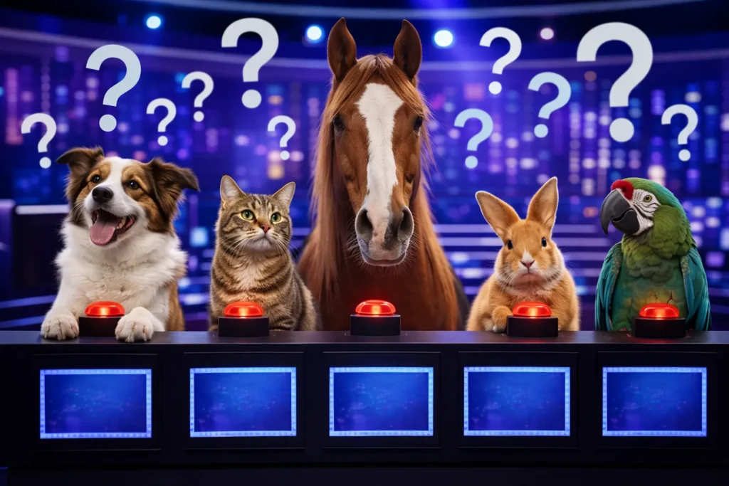 Un chien, un chat, un cheval, un lapin et un perroquet participent à un quiz