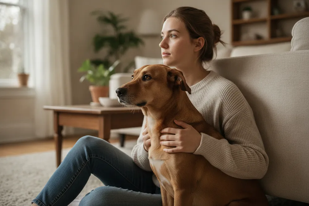 Jeune femme réfléchissant à son orientation vers un métier animalier, un chien à ses côtés.
