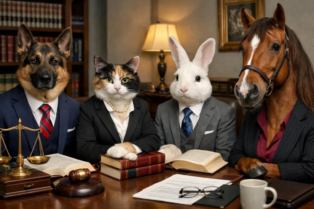 animaux statut juridique : un chien, un chat, un cheval et un lapin habillés en avocats