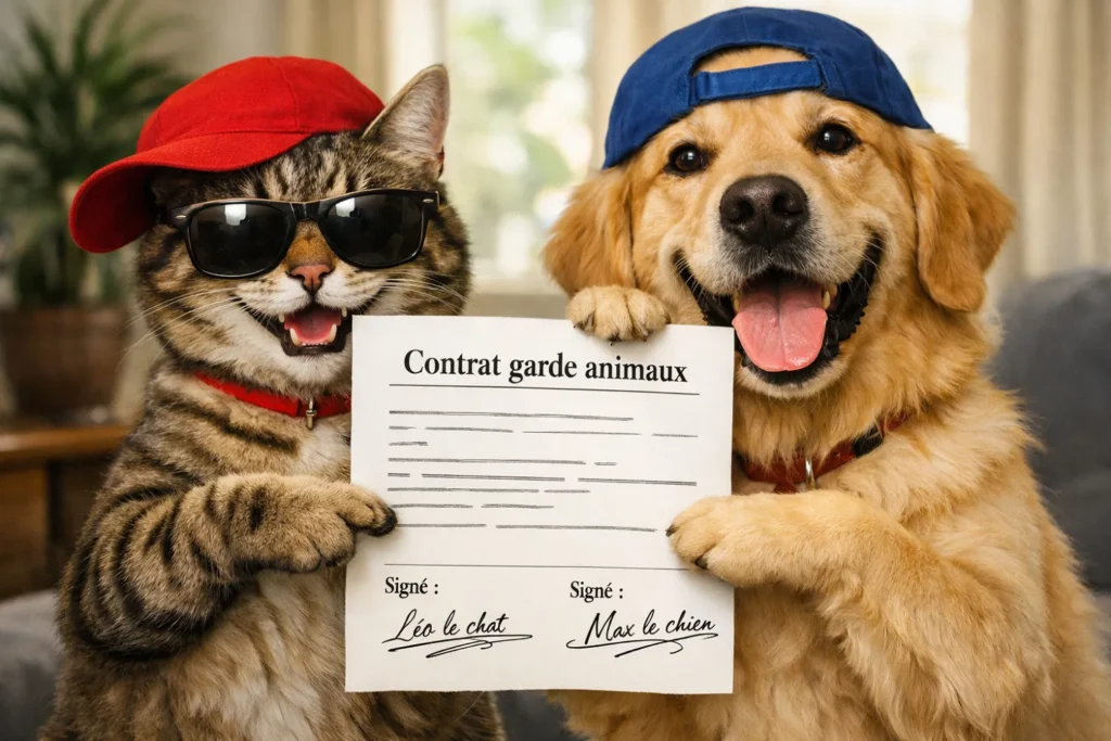 contrat garde animaux : un chien et un chat tiennent un contrat de garde