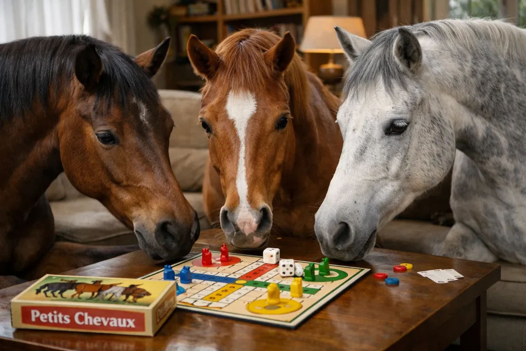 Recrutement vétérinaire : attirer et fidéliser les meilleurs talents 1 equita lyon salon cheval : 3 chevaux dans un salon en train de jouer aux petits chevaux