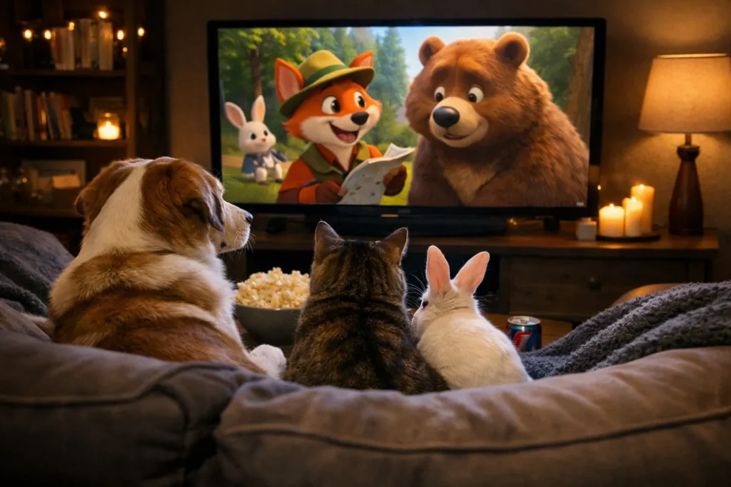 expozoo salon animaux compagnie : un chien, un chat et un lapin qui regardent la télévision dans un salon