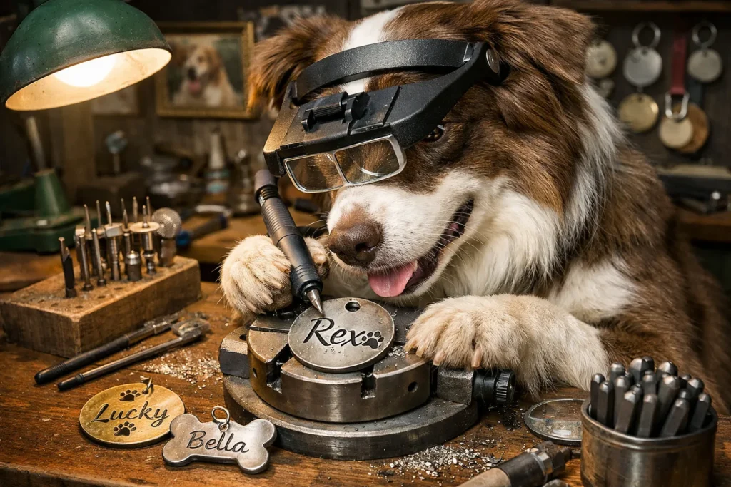 graver une médaille pour chien : un chien en train de graver des médailles