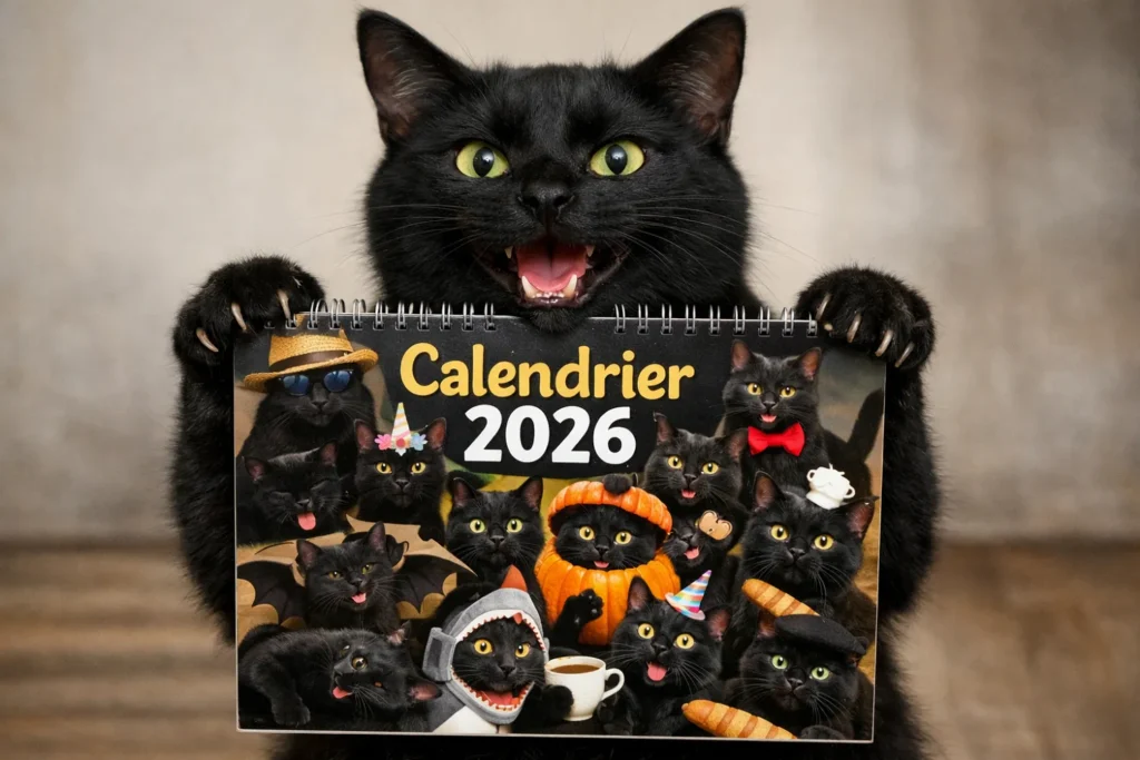 Journée internationale chat noir : un chat noir fun tient un calendrier entre ses pattes