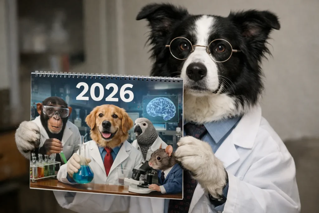 Canicule chien 2026 : que faire pour protéger, rafraîchir, hydrater et sortir ton chien pendant les fortes chaleurs 2 journée mondiale des intelligences animales : un chien habillé en scientifique tient un calendrier