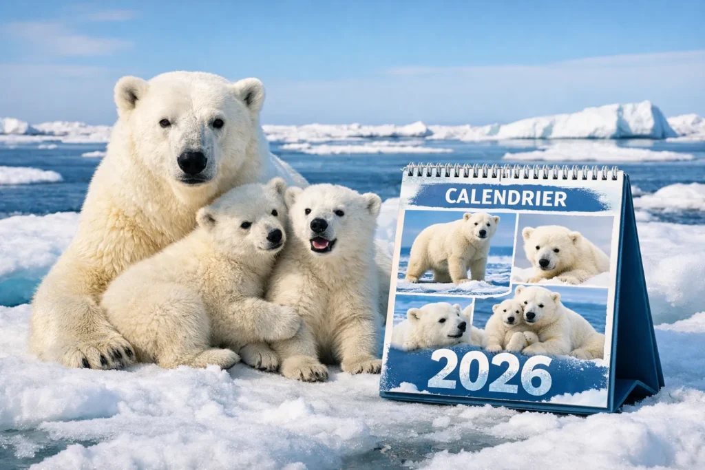 journée ours polaire : un ours blanc et ses oursons sur la banquise pour la journée mondiale de l'ours polaire