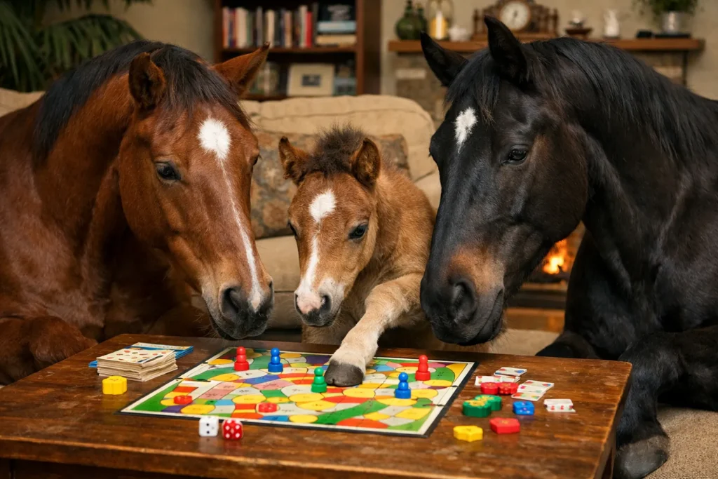 salon du cheval albi 2026 : 3 chevaux jouent à un jeu de société dans leur salon