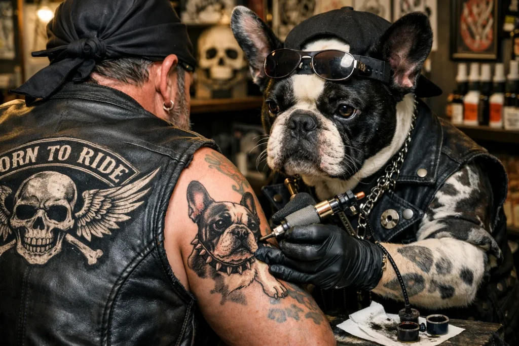 tatoueur animaux : un bouledogue français réalise un tatouage de chien à un biker