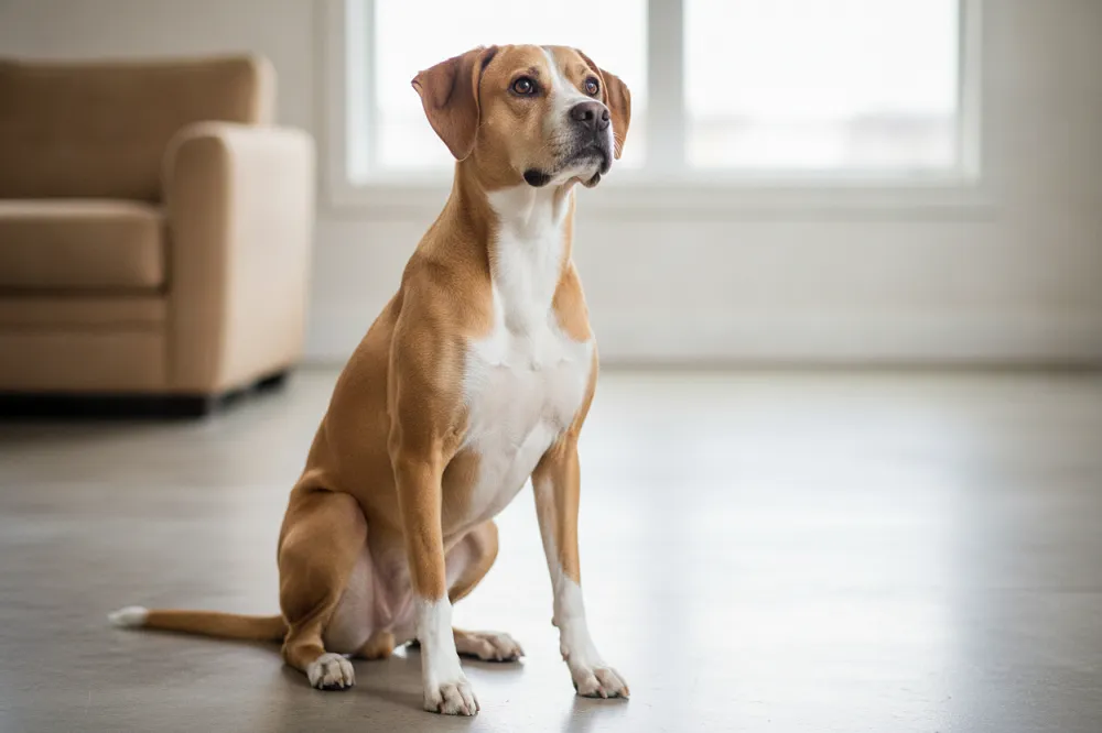 Chien croisé de taille moyenne assis dans un salon, pelage fauve et blanc, regard tourné vers l'objectif.