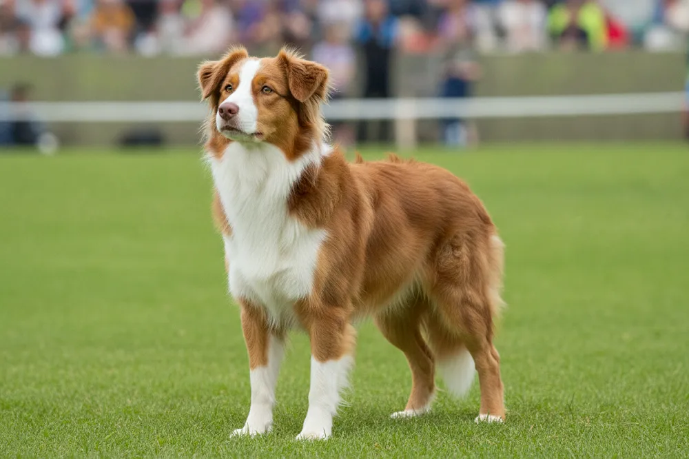 Chien présenté de trois quarts sur le ring d'une séance de confirmation LOF.