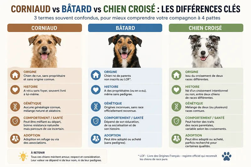 Comparaison entre un chien corniaud, un chien bâtard et un chien croisé