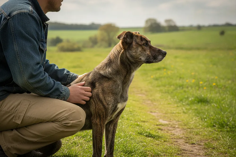 Reconversion métiers animaliers : personne en tenue de travail accroupie près d'un chien lors d'un stage d'immersion.