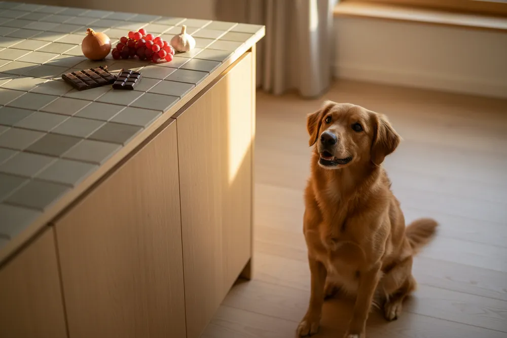Aliments toxiques pour le chien — chocolat noir, raisin, oignon et ail posés hors de portée, chien assis au pied du plan de travail