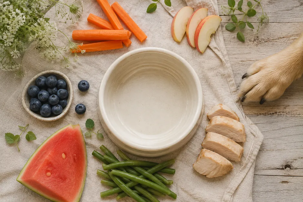 Aliments non dangereux pour le chien — carotte, pomme, myrtilles, pastèque, haricots verts et poulet cuit autour d'une gamelle en céramique
