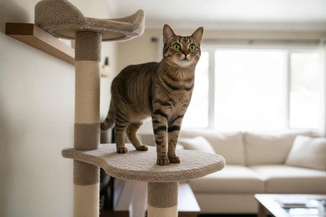 Chat en appartement sur un parcours vertical aménagé en hauteur.