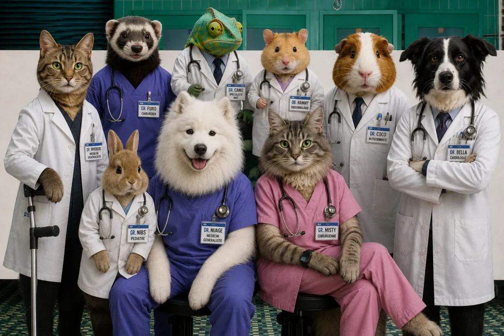 Différence entre cabinet et clinique vétérinaire avec photo d'une équipe vétérinaire