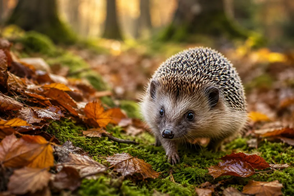 Un hérisson, animal en H attachant, dans les feuilles