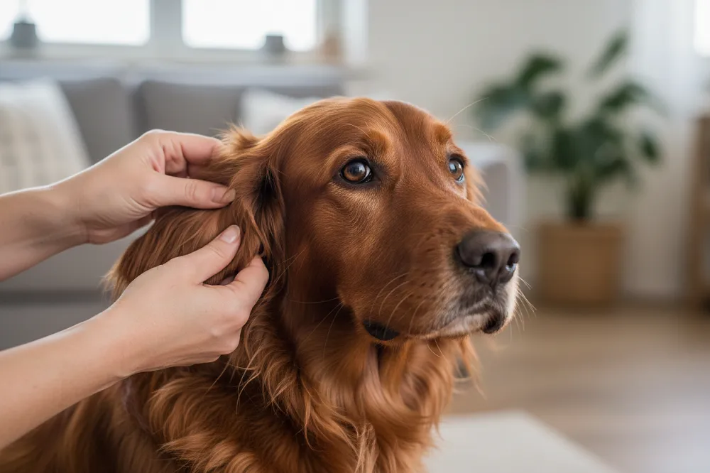 Mains écartant le poil d'un chien à la base de l'oreille pour chercher une tique chien.