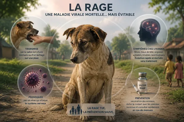 Schéma de transmission du virus de la rage chez le chien et l'humain — journée mondiale contre la rage 28 septembre